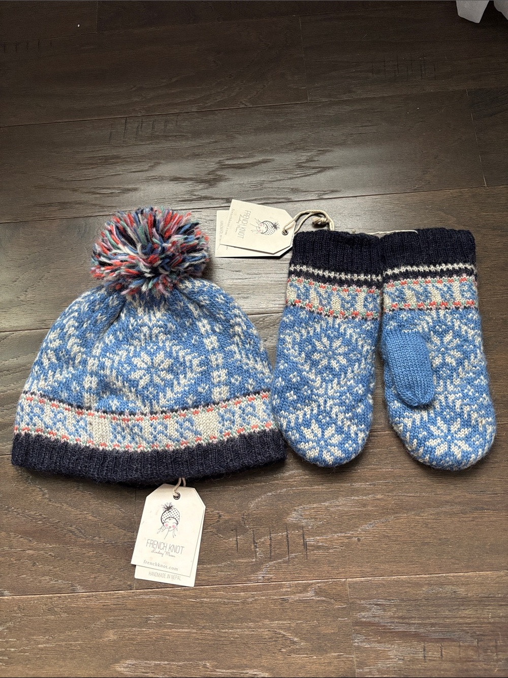 French Knot Handcrafted Wool Pom Pom Beanie & Mittens set,Nordic,BRRR snow print
